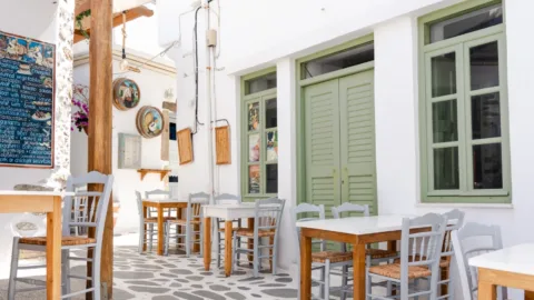 Foto van een straatje met groene deuren op Naxos